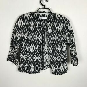Peter Nygard Lightweight Blazer Ikat Print 3/4 Sleeve Size 6 Black White Womens